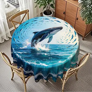Oceanic Whale Shell Wave Print Round Tablecloth, Furniture Protector, Party Decor, Holiday Gift, Suitable for Hotel, Restaurant, Home