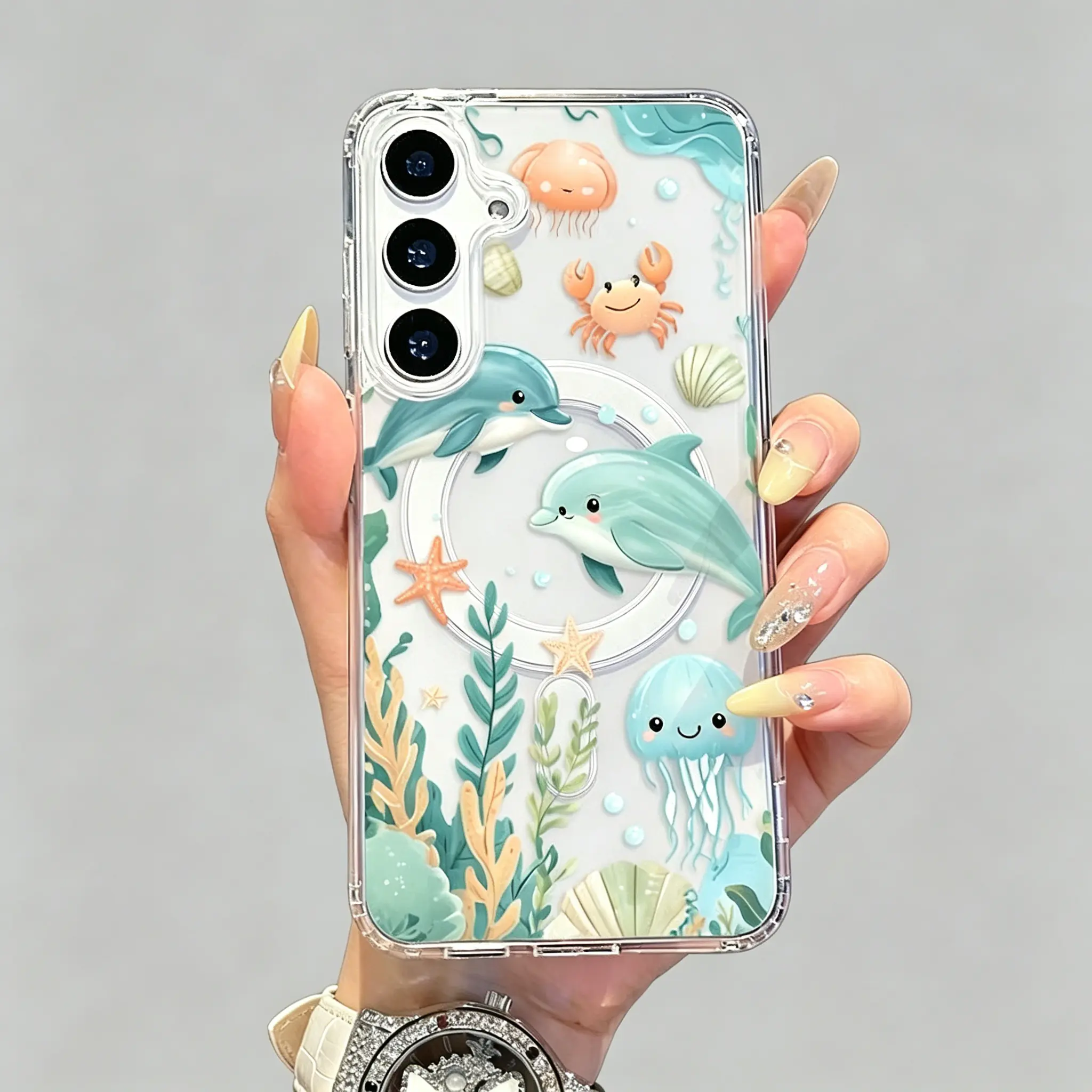 Magnetic Phone case for  Samsung Galaxy S26 S23 Ultra S24 Plus FE S25 S22+ Oceanic Friends Fantasy Pattern Non-Yellowing Shockproof Soft Silicone Transparent Acrylic Large Hole Cover Supports girly magnetic case,Vintage,Skull,iPhone, Accessories, Smartpho