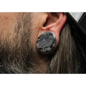 Black Labradorite Larvikite Stone Plugs Double Flare Pair - Moon Surface Gauge Black and Gray 3mm-25mm