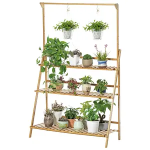 Bamboo 3-Tier Hanging Plants Stand Folding Planter Pot Organizer Storage Shelves Rack Flower Display Shelving Unit Holder