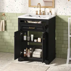 24" Bathroom Vanity with Integrated Ceramic Sink, Bathroom Cabinet with 2 Doors, 1 Tip-Out Drawer, Single Sink Bathroom Vanity for Small and Medium Restroom, Black