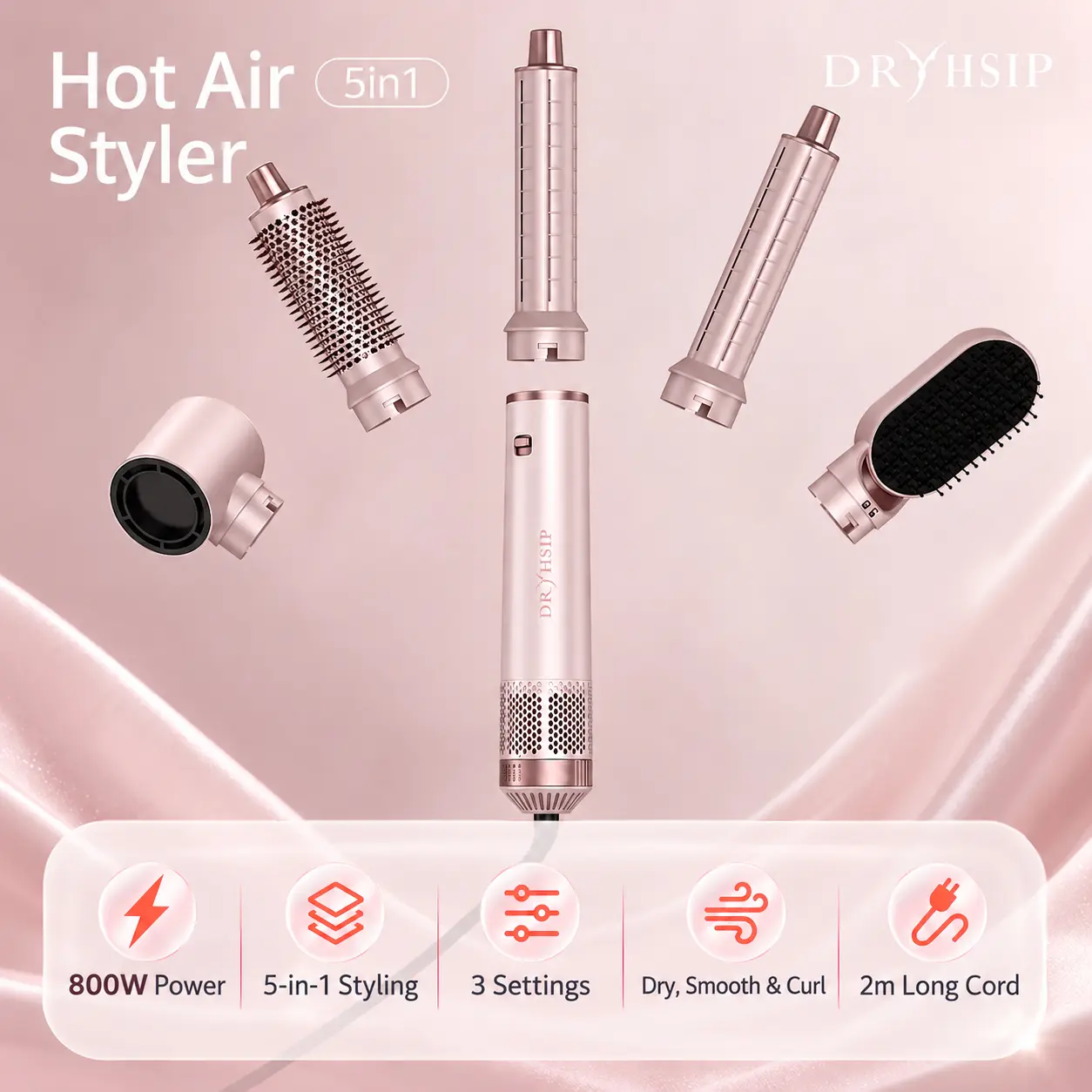 Dryhsip 5-in-1 Portable Thermal Brush Blowout Tool - 800W Hair Styler, Adjustable Temperature Electric Curler, Detachable Oval/Round Brushes, 360° Rotate Cord, Detachable Design for Volume & Smooth Styling
