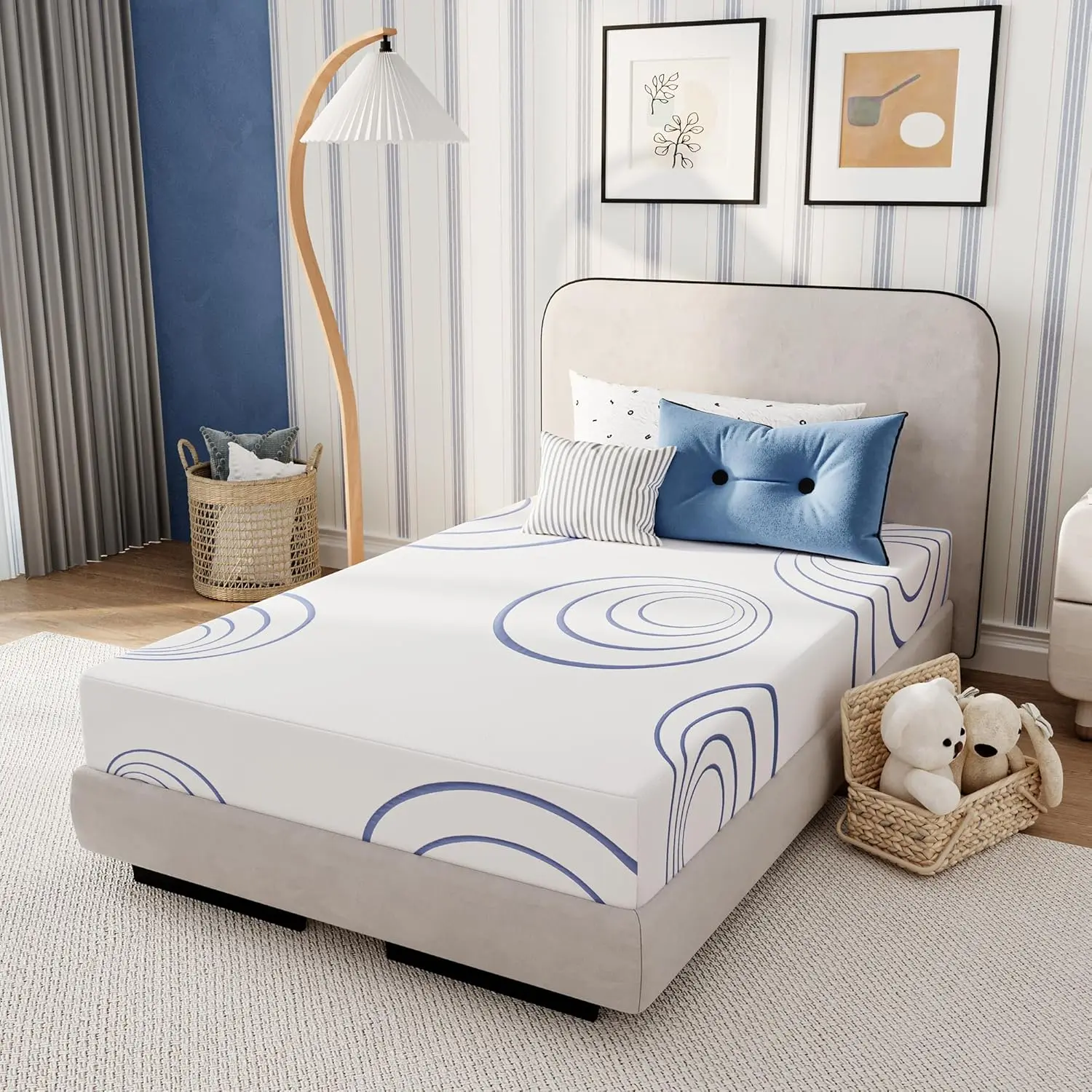 Twin Mattress for Kids, 8 Inch Charcoal Gel Cooling Memory Foam Bunk Bed Mattress in a Box, Medium Fiberglass Free Mattress Made in USA, CertiPUR-US Certified, Blue