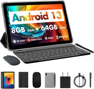 10-Inch Android 13 Tablet, (4+4GB Expand) RAM 64GB Storage 2 in 1 Tablets with 2.4/5G WiFi, BT 5.0, Leather Case, Keyboard,Mouse, Stylus PC (Grey)