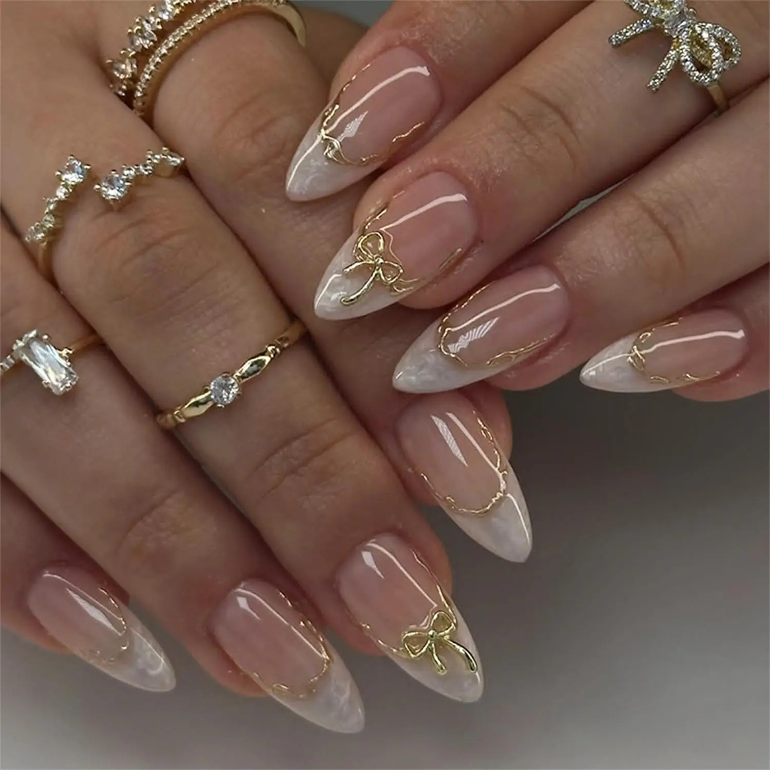 Halloween Fall Gift 24pcs White French Tip Press on Nails Medium Almond Fake Nails with 3D Bow Acrylic Nails Design Gold Line Stick on Nails French False Nails Kit Full Cover Glue on Nails for Women Nail Decoration