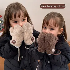 Kids Plush Winter Gloves with Neck Hanging Loop - Thick Warm Thermal Mittens for Boys & Girls 2-5 Years, Soft Brown/Beige/Gray/Black, Cozy Everyday & Play, Easy On/Off Design, Ideal for Christmas & New Year's Gifts, Adorable Plush Material for Boys & Girl