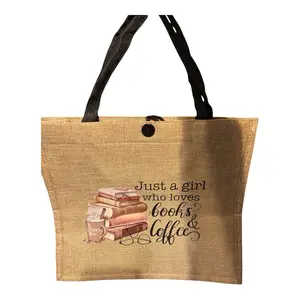 Book & Coffee Burlap Tote Bag with Inside Zipper and Button Strap - Versatile Design for Everyday Use