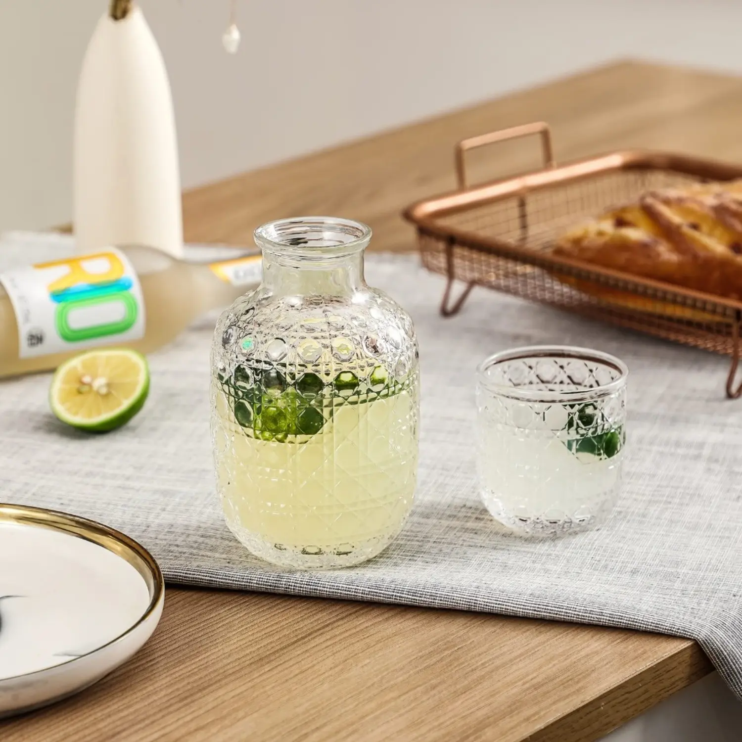 Bedside Water Bottle Set Drinkware with Glass Beverage Cups, Glass Drinking Cup, Glass Carafe & Glass Tumblers, Bathroom Mouthwash Decanter, Modern Clear Glass Pitcher, Perfect Gift, Glassware Set, Premium Glassware