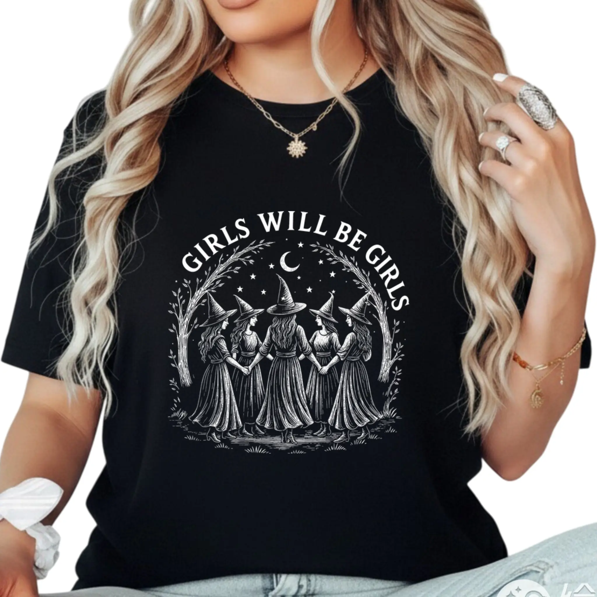 Girls Will Be Girls Witch Shirt, Vintage Witch Circle Tee, Gothic Halloween Shirt, Feminist Witch Tee, Spooky Season Gift, Halloween Graphic Tee