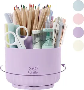 SKYDUE 360 Degree Rotating Desk Organizer, Dual-Purpose Pencil Pen Holder for Desktop, Rotating Desk Pen Organizer with 5 Slots Purple