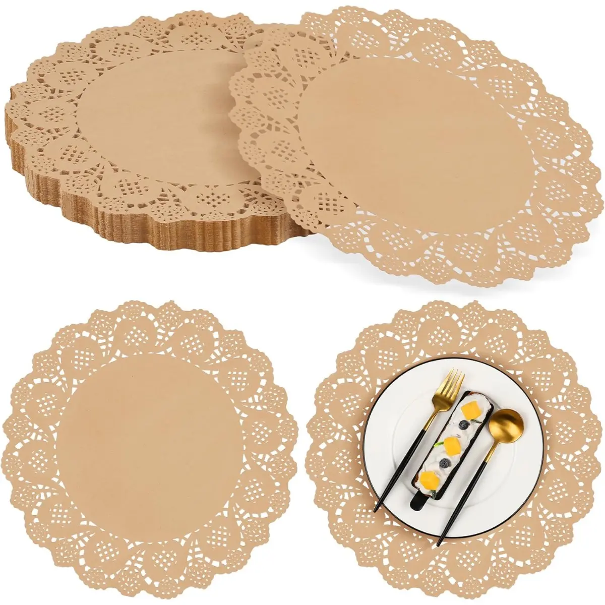 100-Pack Round Brown Kraft Paper Doilies, 13.5in Sturdy Lace Household Placemat, Rustic Scallop Disposable Kitchenware Pads for Dinner, Cake & Tea Occasions Decor