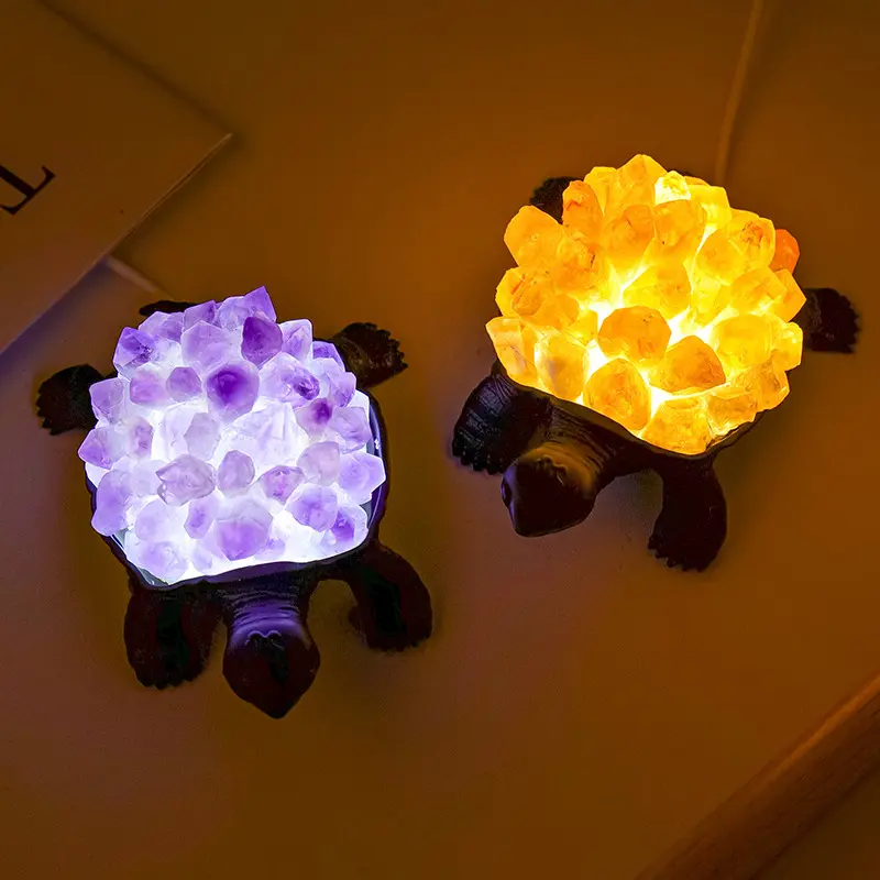 1pcsNatural citrine and amethyst cluster (with light) carved turtle animal statue, energy gemstone home decoration, Halloween niche gift, Christmas gift decoration, collectible crystal ornament, night light animal statue, gemstone craft