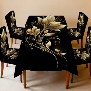4/5/6/7pcs Golden Floral Swirls Dining Chair Slipcover And Tablecloth Chair Covers Set, Easy to Install & Wash, Fits Living Room, Home Decor, Restaurant Decor, Outdoor Camping, Festival Decor, Party Must-Have, Gifting
