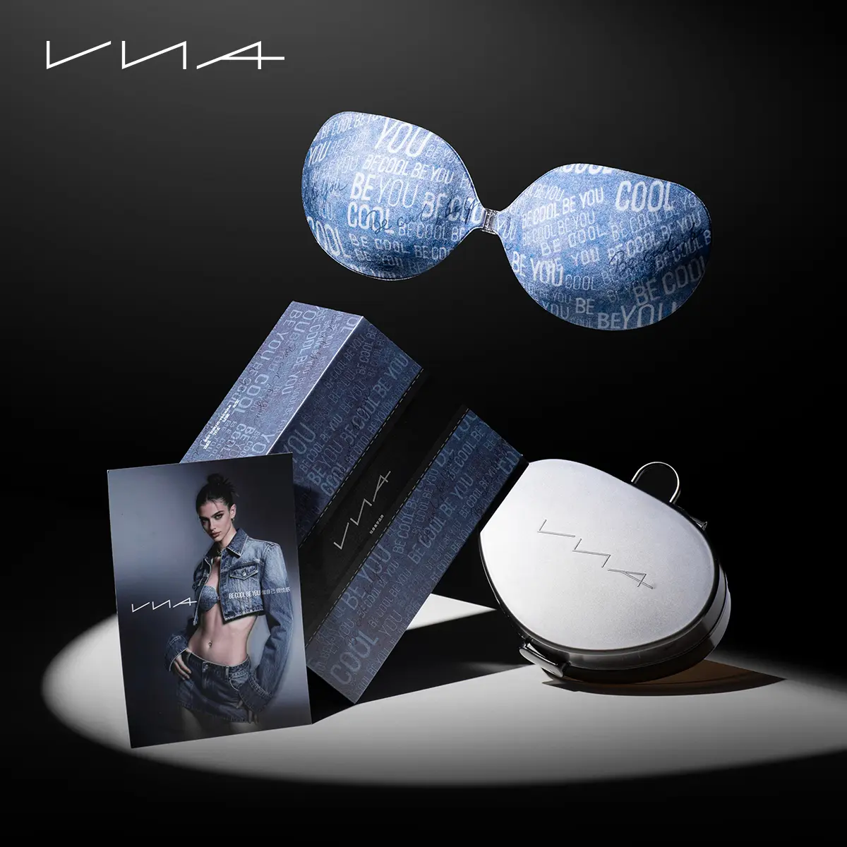 VNA Rocking Denim Graffiti Sticky Bra Push up Lift Strapless Wireless Reusable Self Adhesive Bra for Music Festival Party Casual for Women