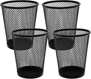 SLSON 4 Pack Pen Holder Metal Mesh Pencil Holders round Shaped Pen Holders for Desk Office Wire Mesh Container Pen Organizer,Black