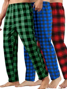 3-Pack Autumn Winter Pajama Pants, Plaid Checked Plus Size Men's Home Wear, Loose Fit Long Pants, Teenager Printed Sleepwear, Comfortable Lounge Clothing, Pyjamas