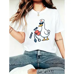 Women's Round Neck Shortsleeve Cotton Graphic Tee - Comfortable, Loose White "Cuff 'Em" Duck Top, Everyday Fit Workwear for RNs, Streetwear for Med Techs,summervibes