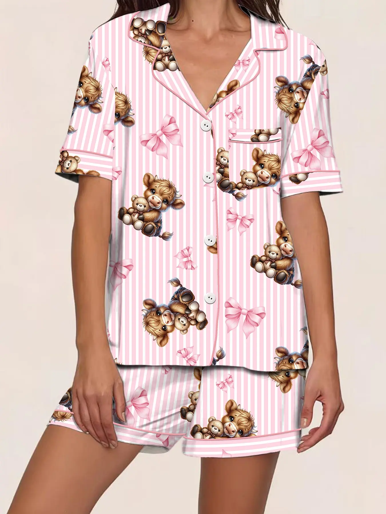 Cute Highland Cow Plush Bear Doll Spring Summer Sleepwear Women Pajama Set, Casual Fitted Two-Piece Home Wear Loungewear, Striped Bow Tie Printed Homewear