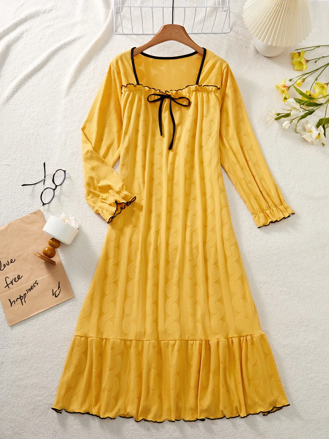 Women's Long Sleeve Nightgown with Tie Neckline, Ruffled Cuffs and Hem, Sweet Feminine Aesthetic Home Dress Loungewear Ideal for Everyday Wear