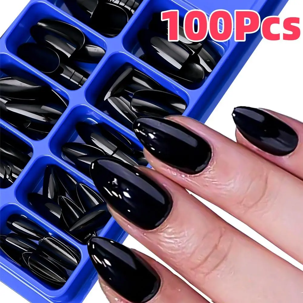 100Pcs Black Almond Fake Nails Tips Mid-length Full Cover Matte Press On Nail 12-Sizes For Women Salon Extension False Fingertip