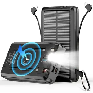 solar Power Bank 52800mAh 5V/3A Fast Charging Battery Pack with 4 Cables 2 Outputs LED Flashlight for Cell Phone Camping Hiking