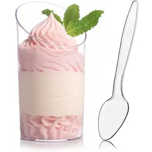 Mini Dessert Cups with Spoons, 2.2 oz Plastic Small Dessert Shotter Cups Slanted Appetizer Containers for Serving Mousse Pudding Triffle