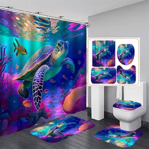 Colorful Turtle Pattern Bathroom Set, 4pcs/set Including Shower Curtain, Toilet Lid Mat, Bathroom Mat & Toilet Lid Cover, Waterproof Bathroom Decoration Accessories, Shower Curtain Sets