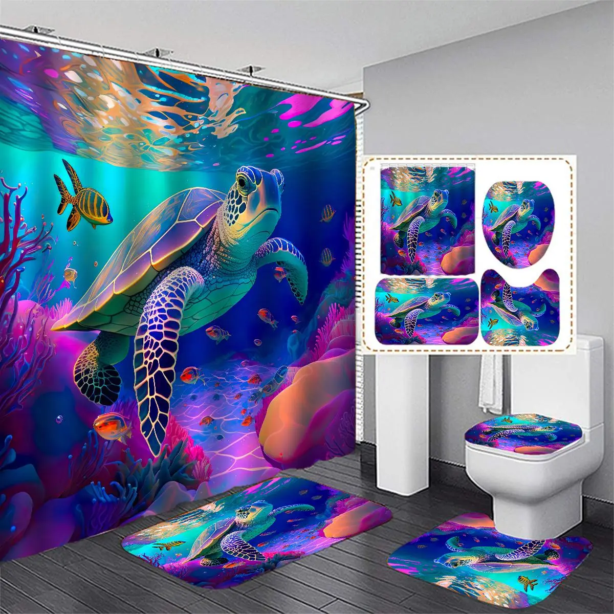 Colorful Turtle Pattern Bathroom Set, 4pcs/set Including Shower Curtain, Toilet Lid Mat, Bathroom Mat & Toilet Lid Cover, Waterproof Bathroom Decor Su