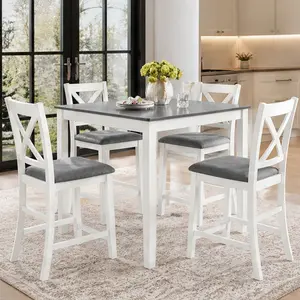 ARCH 5-Piece Counter Height Dining Table Set with 4 Chairs, Square Wooden Table for 4, Modern Simple Design, Grey White, Solid Wood Frame, MDF Top, for Kitchen Dining Room Small Space, Seats 4, Grey+White Color Options, Product Weight: 99.00 lb