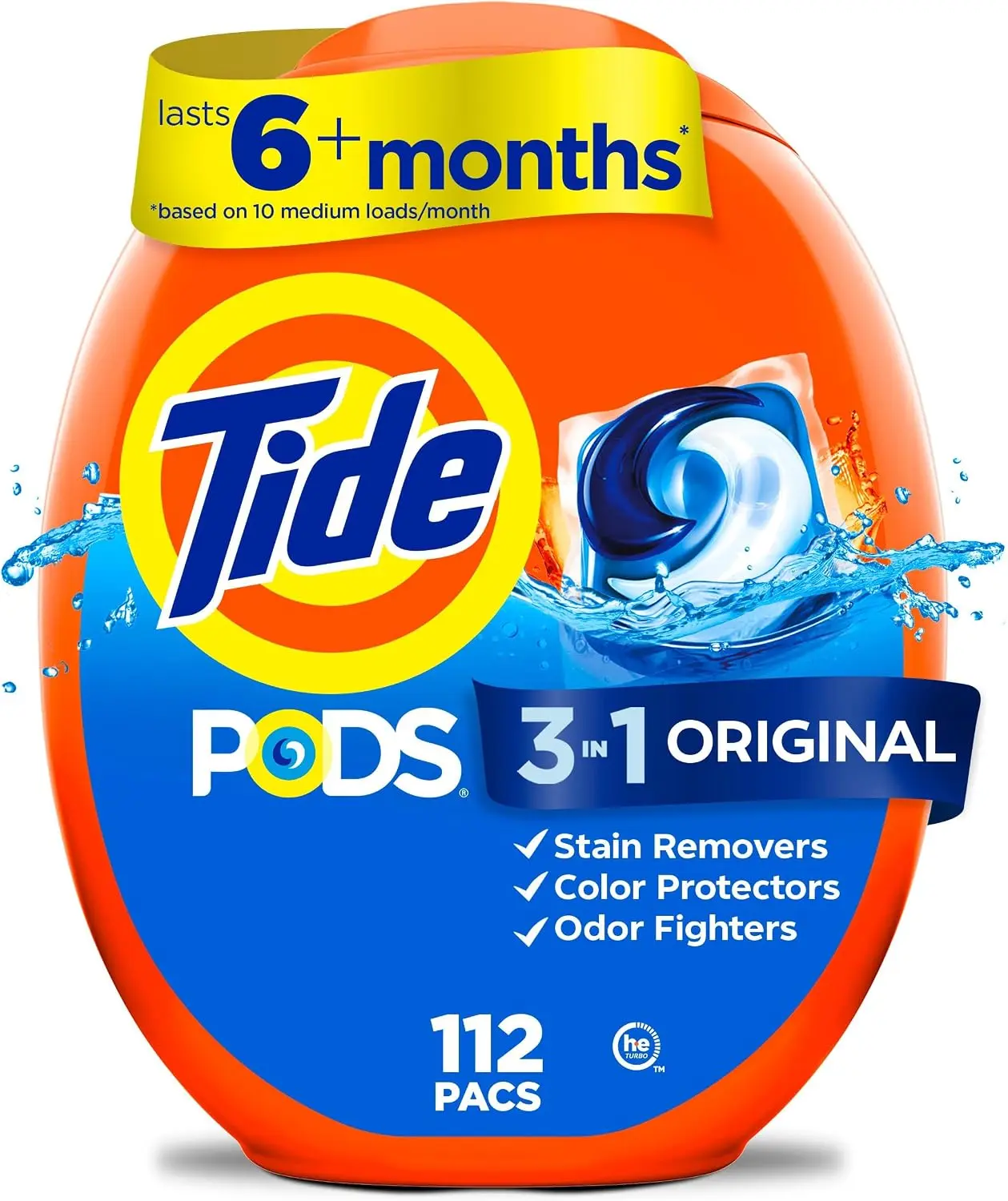 Tide PODS laundry detergent pacs, 3-in-1 Stain Remover, Odor Fighter, Color Protector, 112 Count, HE compatible, Original Scent