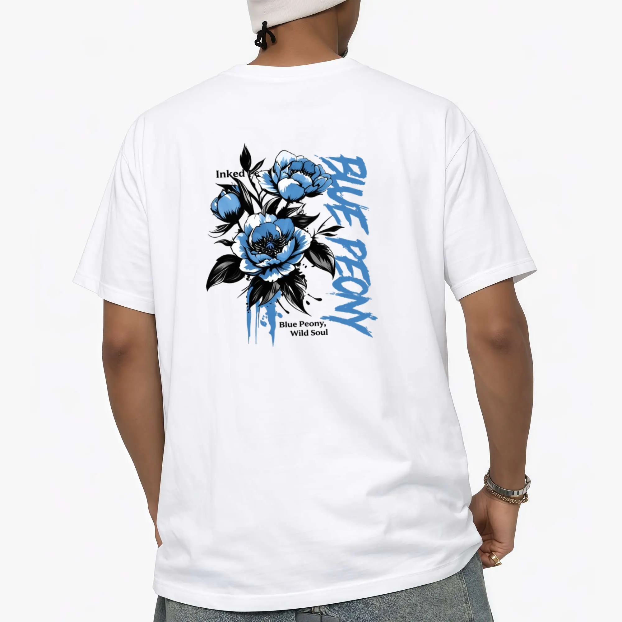 [Men's T-Shirt] New Men's T-Shirt, American Street Style Blue Peony Print T-Shirt,