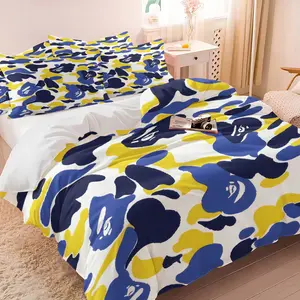 BAPE Blue & Yellow Camo 3-Piece Duvet Cover Set, Ultra-Soft Microfiber Bedding with 1/2 Pillowcases (No Insert), Bright Streetwear Bedding for Teens Adults Bedroom Dorm Decor