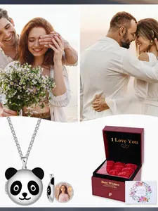 MUSEI  Women's Fashion Necklace, Small Panda Photo Box Necklace, Openable to Hold Small Photos, Comes with Rose Gift Box, Jewelry Gift for Girlfriend, Family