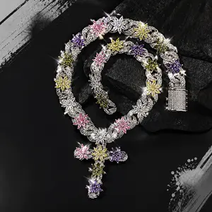5A+ Sri Lanka Zircon Colorful Flower Cross Necklace Miami Italy Mexico & Micro Inspired for Women & Men Luxury Jewelry,Daily Wear,Casual Fashion,Gift Idea,Chicano,Classic,Hip Hop,Simple,Sporty Style Cuban Link D