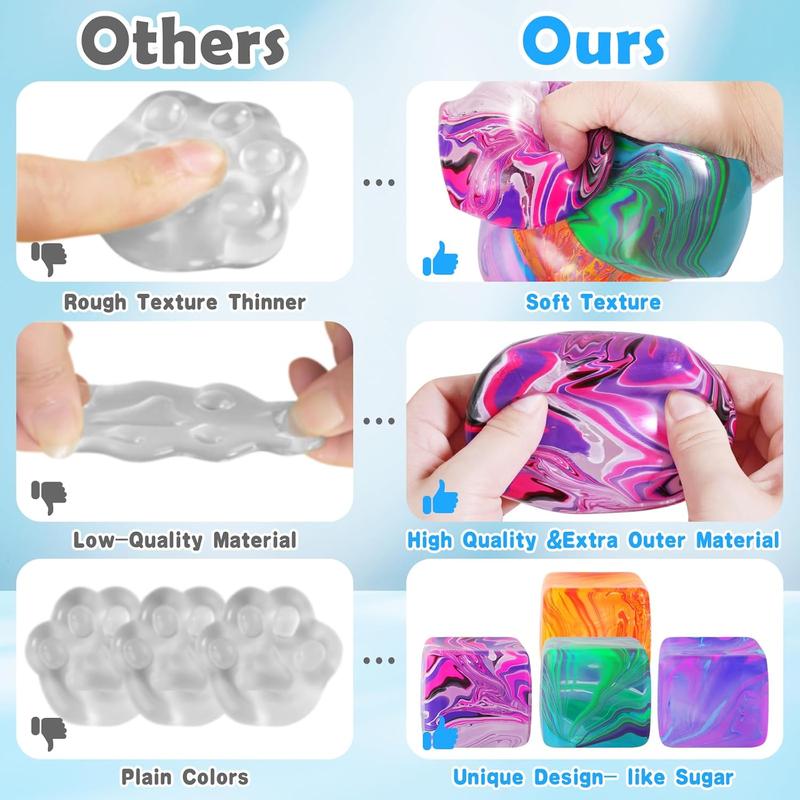 4Pcs Fidget Toys Squishy Stress Cube, Stress Balls for Kids & Adults, Anxiety Stress Relief, Ice Squishy Cube & Sugar Balls, Sensory Toys for Kids with Autism, Fidgets for Classroom Prize