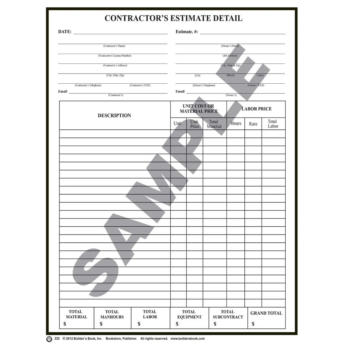 222 - Contractor's Estimate Detail Pack of 25 Forms