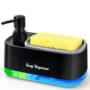 Two-In-One Dish Soap Dispenser with Sponge Holder, Transparent Refillable Storage Box, Kitchen Sink Countertop Press-Down Bottle
