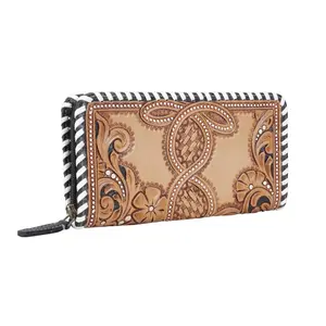 Western Whirl Wallet - Leather with Zippered Top & Inner Compartments, 8x4 Inches, Solemn Colors & Stitching Detail