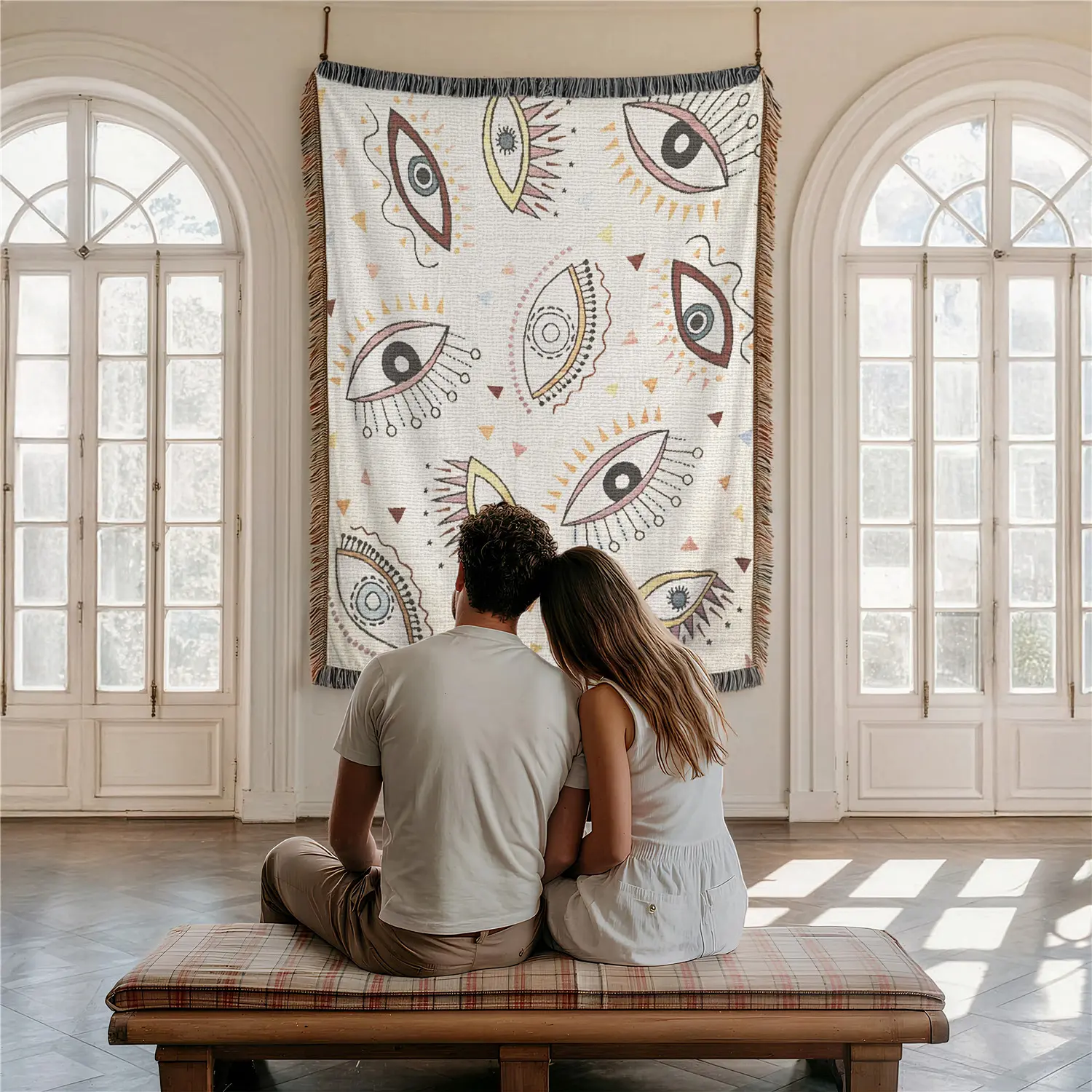 Ten Eyes Pattern Home Decor Yarn Woven Wall Art Tapestry for Bedroom Dorm Living Room- with Fringe Tassels Not Printed - Multipurpose Design Soft Boho H Chair Couch Bed Cover Throw Towel Slipcover Travel Garden Outdoor Camping Picnic Beach