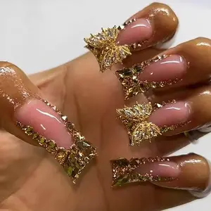 French Tip Fake Nails with 3D Butterfly Design Glue On Full Cover Acrylic False Nails for Women Perfect Valentine's Gift