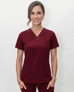 Women's Burgundy V-Neck Scrub Top - Fitted Polyester Blouse with Pocket, Comfortable Fit, Maroon Color