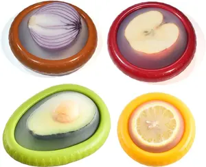 4 Pcs Reusable Avocado Onion Lemon Tomatoes Saver Keeper, Silicone Fruit and Vegetable Anti-Oxidation Storage Box Refrigerator, Fruit Veggie Holder Containers for Fridge, Food Huggers Conservation