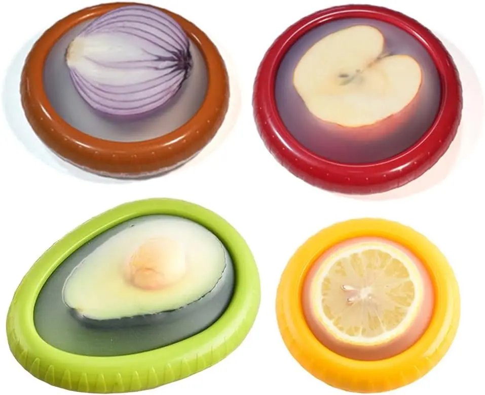 4-Piece Reusable Stackable Silicone Kitchen Food Saver Set, Airtight Flexible Preserving Containers with Snug Anti-oxid Seal Lids, Kitchen Accessories for Refrigerator Storage of Avocado, Onion