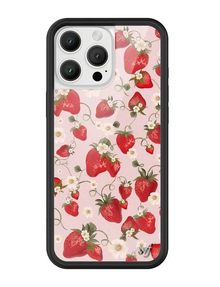 Strawberry Fields | Limited Edition Trendy iPhone Case | Raised Protective Black Bumper | Women Owned Small Business | Baby Pink Background White Daisies Green Vines Vibrant Red Strawberries | Safety Casing Protective | Gift for Her