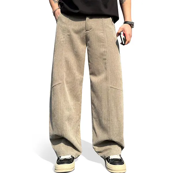 HeSaYep Men's Mid-Waist Baggy Barrel Leg Pants, Lyocell Cotton Midweight Feel Casual Lounge & Business Pants, Machine Washable, Medium Weight, Loose-Fitting, Low Stretch, Button Front, Peach, Relaxed Fit, Menswear Aesthetics Office