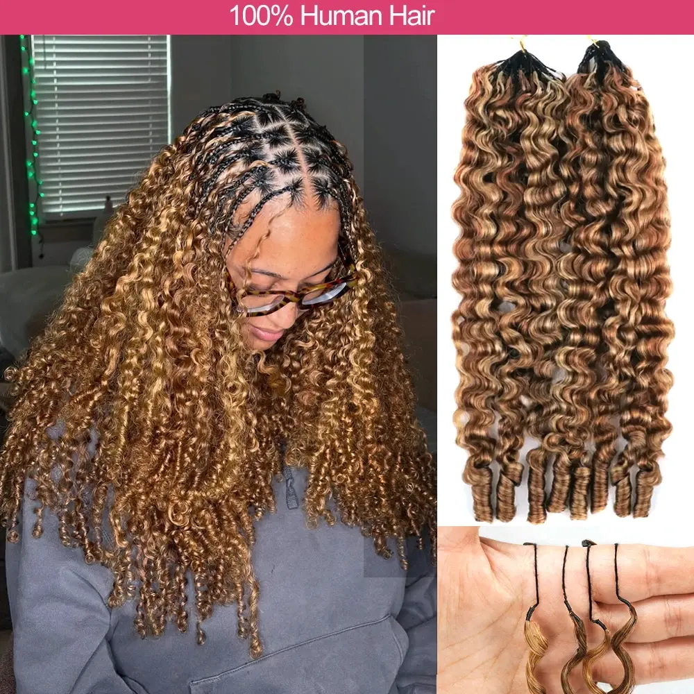Highlight 4/27 Boho Braids Miracle Knots Crochet Human Hair In 100% Remy Burmese Curl Feather Line Crochet Hair Braids Salon Silky Seamless Invisible Solid Color 4/27# Feather Crochet Human Hair Braiding For Women Micro Pre Looped Burmese Curly Extensions