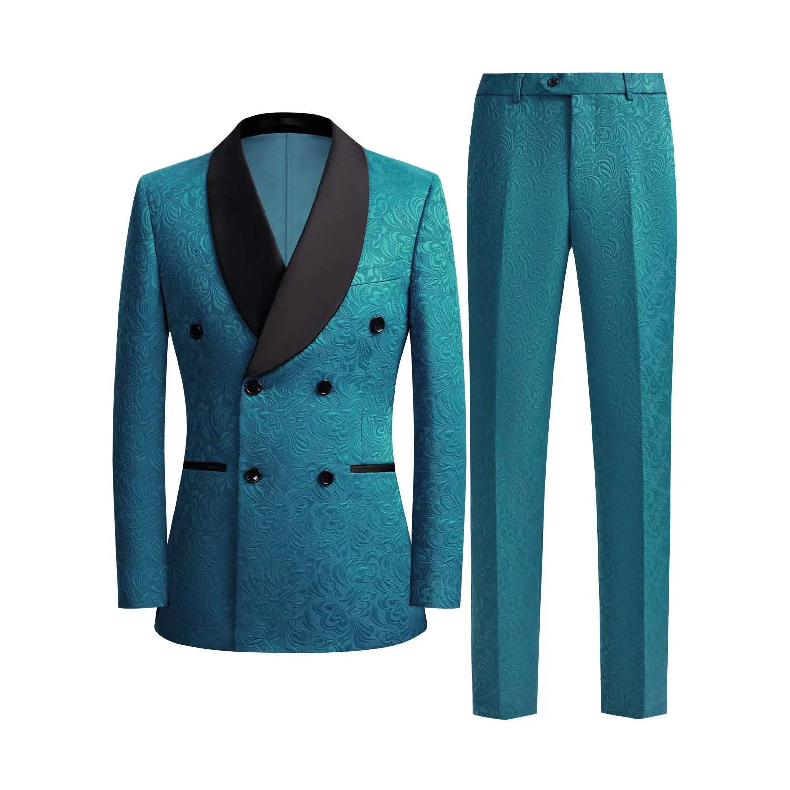 Men's 2-Piece Elegant Floral Jacquard Double-Breasted Satin Suit Set - Long Sleeve Shawl Lapel Blazer, Slim Tapered Pockets Trousers, Formal Fabric Menswear for Wedding, Special Events, Classic, Evening, Textured, Tuxedo, Chic, Black, Rayon