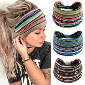 Boho Style Wide Elastic Sweatband Headband, Ethnic Pattern Yoga Hair Band, Breathable Sports Accessory for Women & Men