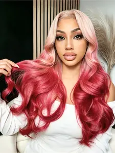 Pink to Rose Red Ombre Body Wave Lace Front Wig 28" 13x4 HD Transparent Lace Heat Resistant Synthetic Hair Pre-Plucked Natural Hairline Free Parting for Women Party & Festival Wear Natural Looking Wig