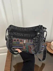 Vintage Washed Denim Ethnic Shoulder Bag, Bohemian Embroidered Multi-Pocket Crossbody Bag for Women, Versatile Commuter Bag